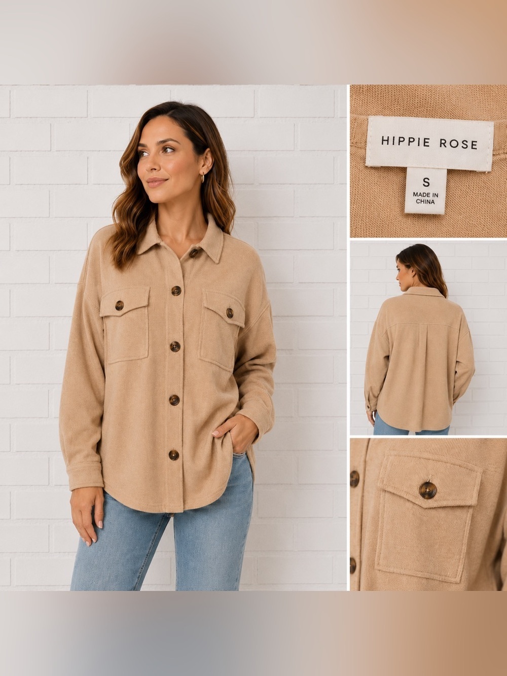 Hippie Rose Beige Ribbed Shacket Button Front Oversized Shirt Jacket Size S